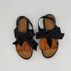 Zeus Handmade Italian Leather Tan Tassle Fringe Slingback Black Bow Boho Sandal